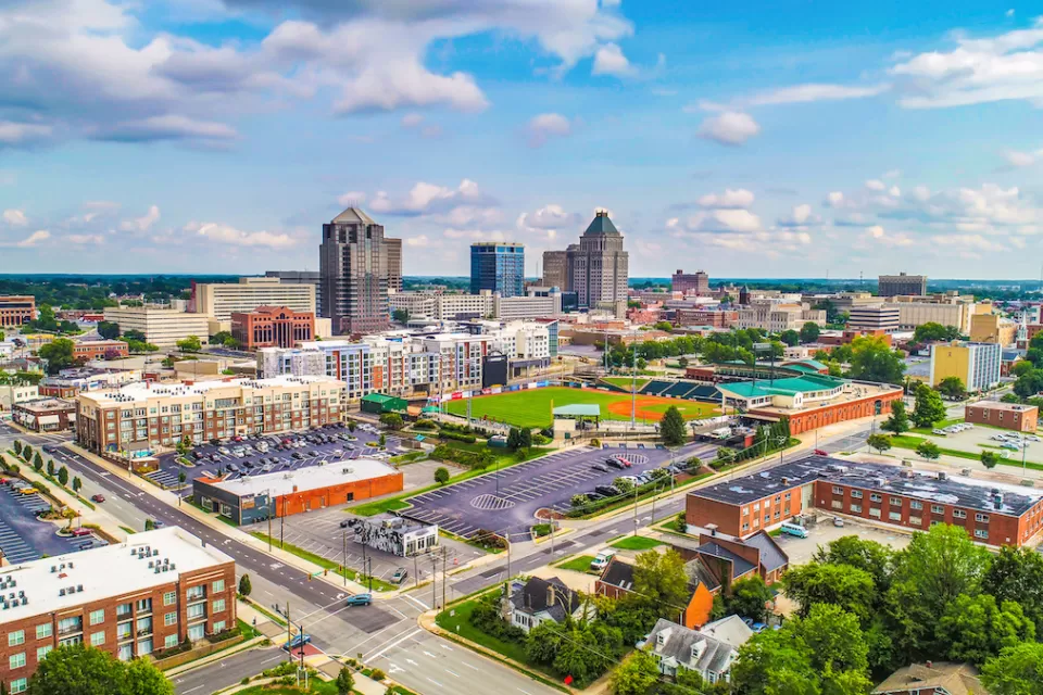 Aerial view of Greensboro, North Carolina skyline.